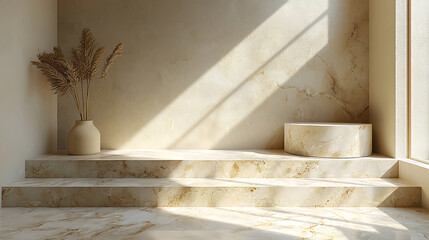 Minimalist marble podium with soft lighting and decorative plant. elegant design creates serene atmosphere, perfect for modern interiors