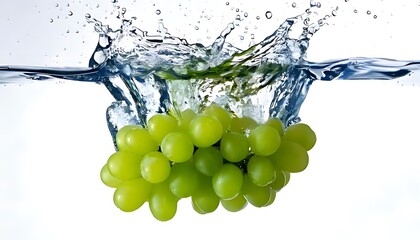 A cluster of green grapes splashes into water, creating dynamic ripples and droplets, showcasing freshness and vitality.