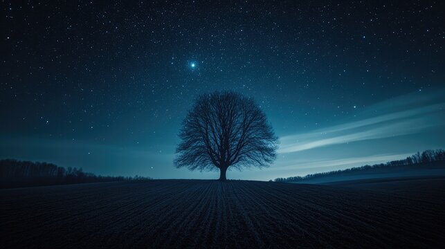 Tree silhouette under a starry night sky with a tranquil landscape showcasing the beauty of nature and celestial wonders