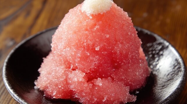 Benishoga red pickled ginger presented as a textured mound on a black plate highlighting its vibrant color and unique culinary appeal