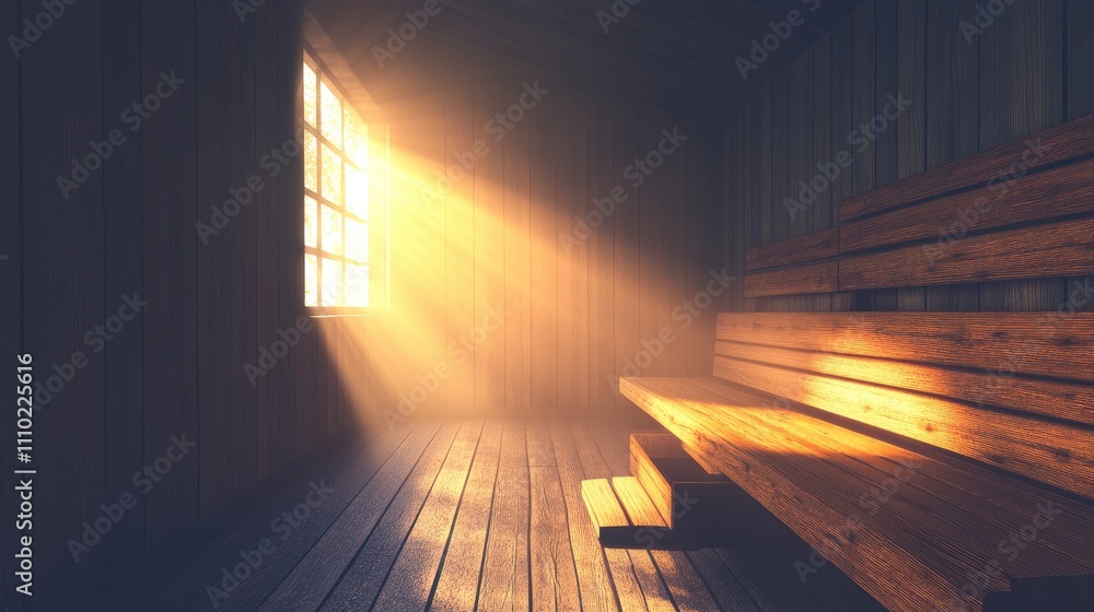 Poster tranquil sauna interior with warm sunlight streaming through window creating a serene and relaxing a