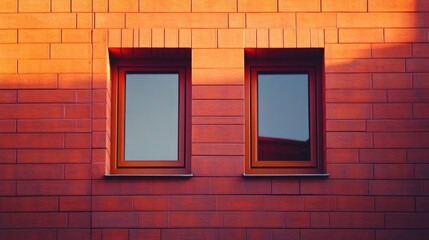 Modern wooden windows on a brick wall illuminated by warm sunlight creating a soft focus effect with low light ambiance