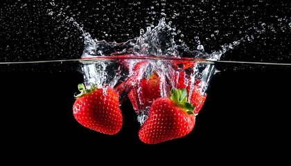 Strawberries splash into water, creating dynamic ripples against a stark black background, showcasing freshness and vibrancy.