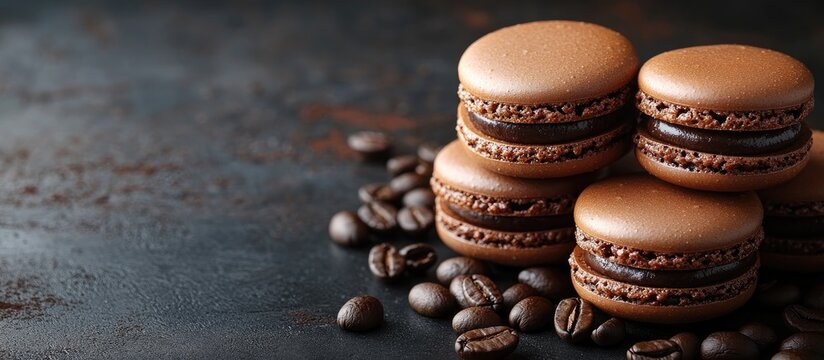 Chocolate macarons with coffee beans on a dark background Perfect for dessert promotions and sweet gift ideas with space for text