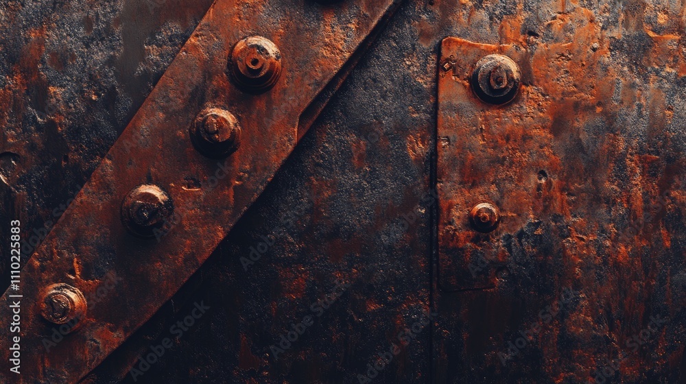 Poster textured rusted metal surface with bolts and peeling paint creating an industrial vintage background