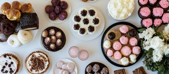 Assorted delectable desserts including cakes tarts and sweet treats arranged on a white table showcasing a delightful variety of confections
