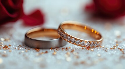 Elegant wedding rings with diamonds on a sparkling surface surrounded by rose petals and golden confetti perfect for romantic celebrations.