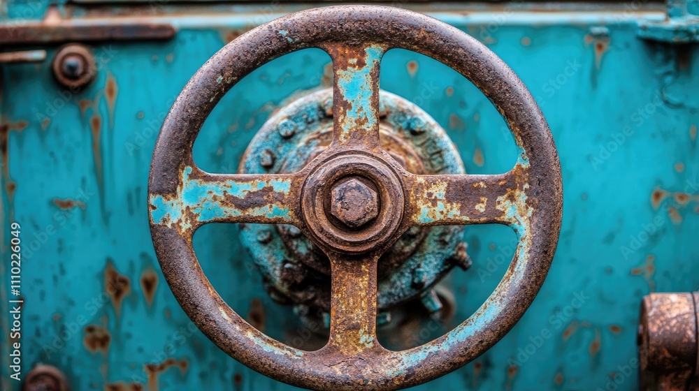 Poster rusty industrial valve handle with peeling turquoise paint and textured surface, showcasing weathere