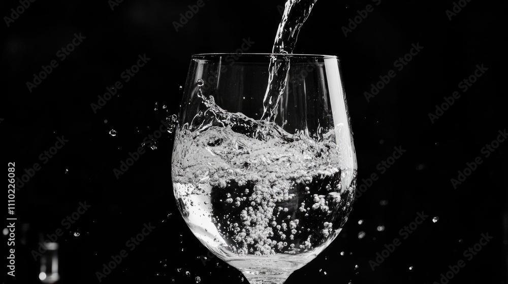 Poster splashing water being poured into a glass creating dynamic movement and vivid texture against a dark