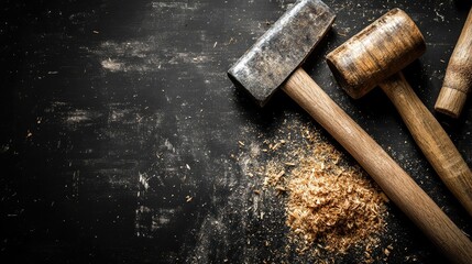 Chisels wooden mallet and plane on a dark workshop background tools for carpentry and woodworking crafts