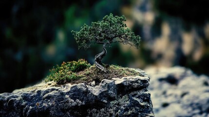 Environmental sustainability concept with a solitary tree growing on a rocky outcrop representing resilience and ecological balance.