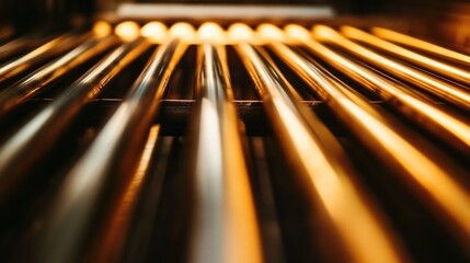 Steel sheet transportation on roller conveyor in metalworking facility showcasing close-up of shiny metallic surfaces and industrial workflow