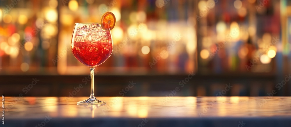 Poster refreshing cocktail in a crystal glass with ice and a citrus garnish on a bar top with a vibrant bok