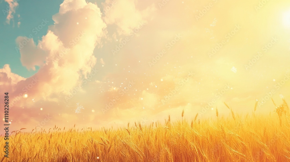 Aufkleber serene golden wheat field under a bright sky with clouds and soft sunlight glowing in a peaceful rur