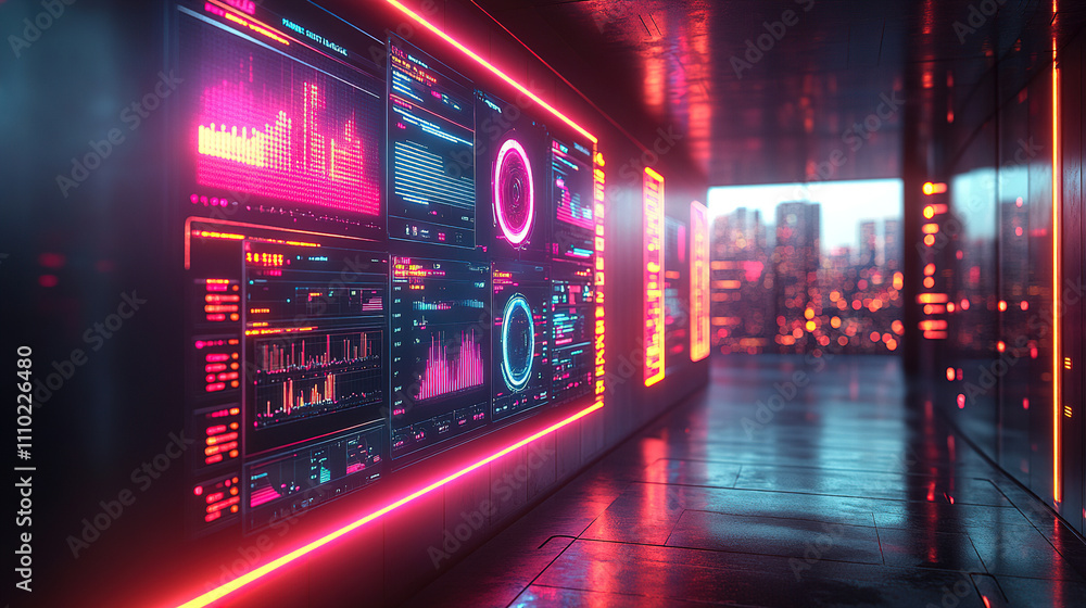 Aufkleber high-tech corridor with illuminated data screens and city skyline view at dusk. generative ai