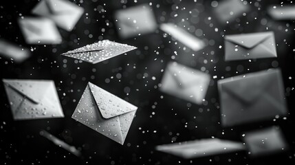 Many white mail envelopes that rain down on a totally black background.