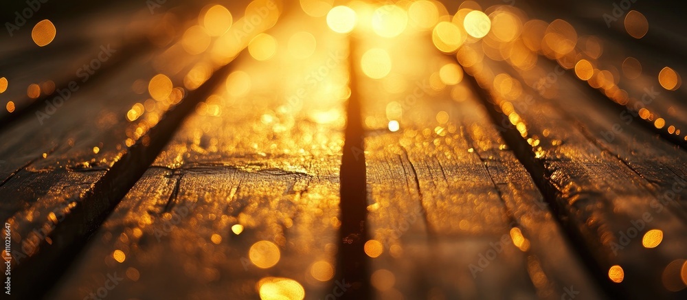 Poster golden bokeh background over a weathered wooden table creating a warm and inviting atmosphere for pr