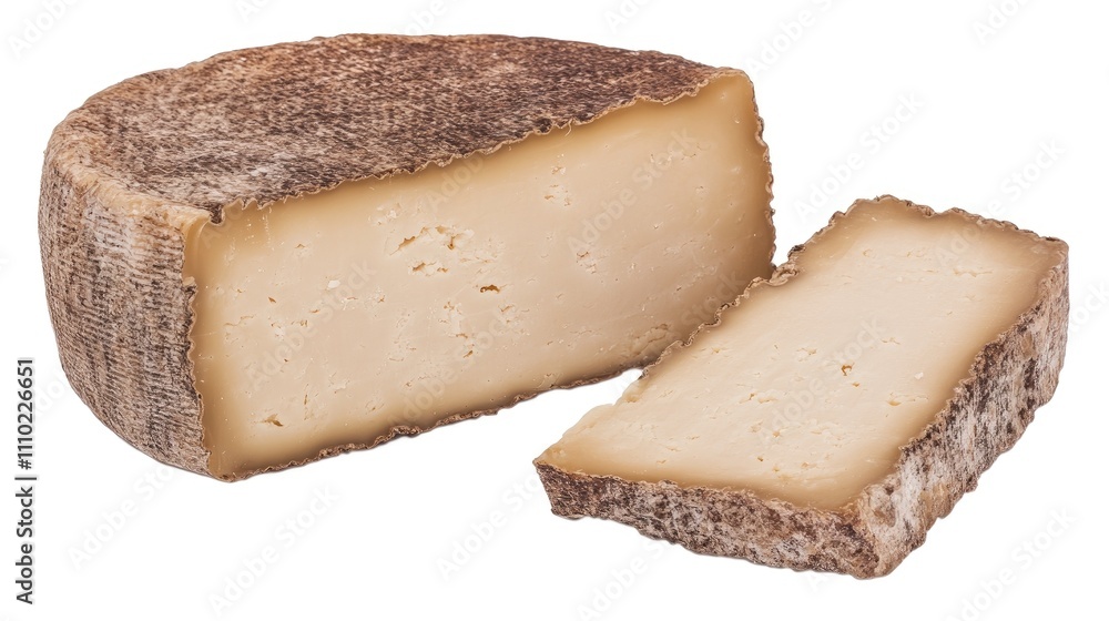 Aufkleber block of aged cheese with a rustic rind cut open showcasing its creamy interior on a white backgroun