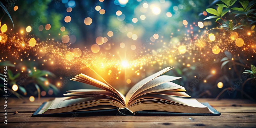 Poster Captivating Bokeh Effect on an Open Memorizing Book Surrounded by Soft Glowing Light and Nature Elements, Creating a Dreamy Atmosphere for Learning and Reflection