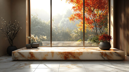 serene interior scene featuring marble podium with sturdy base, surrounded by decorative plants and beautiful view of autumn foliage through large windows. warm colors create calming atmosphere