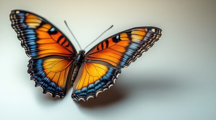 Fototapeta premium Colorful butterfly with vibrant orange and blue wings flying gracefully on a light background showcasing nature's delicate beauty.