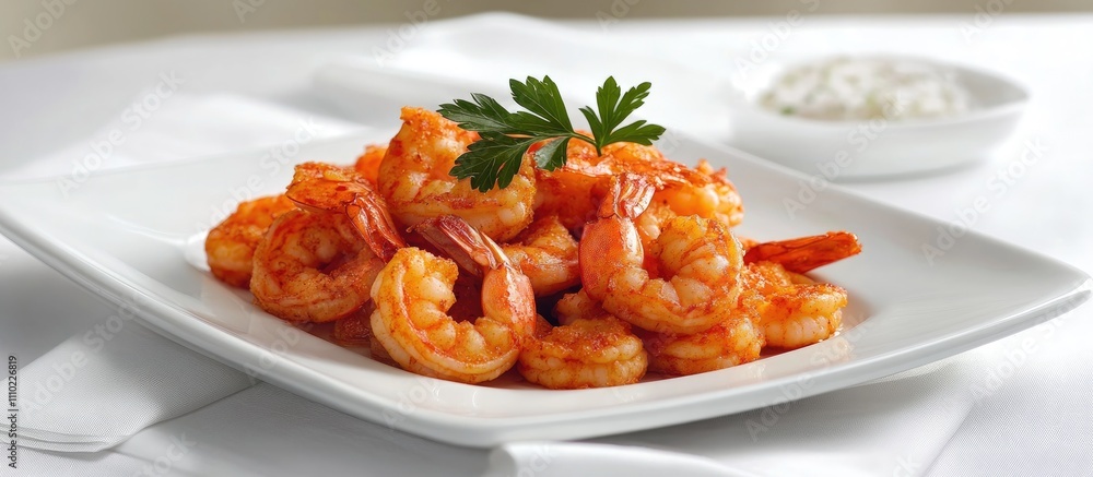 Poster crispy battered fried shrimp served on a white plate garnished with parsley on a pristine table sett