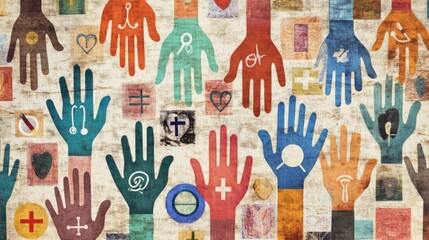 An abstract image of equity in healthcare with a mosaic of different hands holding medical symbols, symbolizing access to health services for all, minimalist composition
