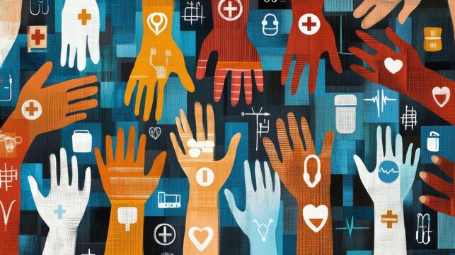 An abstract image of equity in healthcare with a mosaic of different hands holding medical symbols, symbolizing access to health services for all, minimalist composition