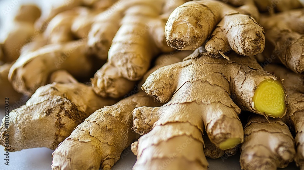Poster fresh organic ginger roots piled together showcasing their unique texture and earthy color in a vibr