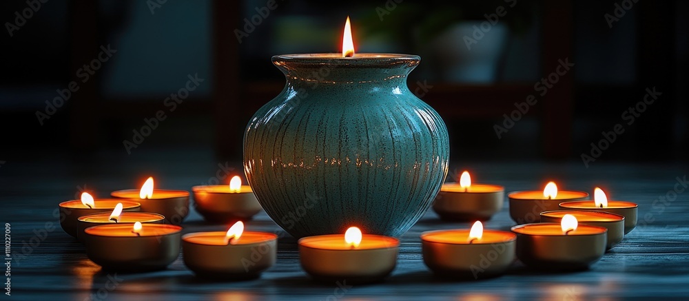 Poster tranquil atmosphere with candles illuminating a ceramic vase in a dimly lit setting creating a seren