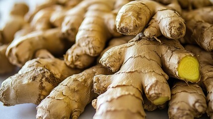 Fresh organic ginger roots piled together showcasing their unique texture and earthy color in a vibrant display of natural produce.
