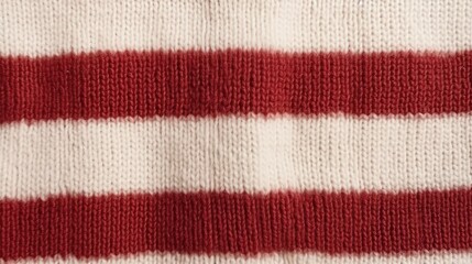 Knitted sweater texture with warm red and cream stripes overhead view cozy fashion fabric background