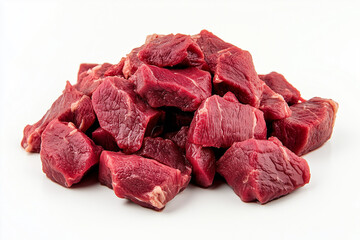 Obraz premium Selective focus sliced of beef isolated on white background, Close up shot dice of red meat on white.