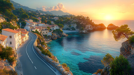 Breathtaking coastal landscape featuring winding road, charming houses, and serene sea at sunset. vibrant colors create peaceful and inviting atmosphere