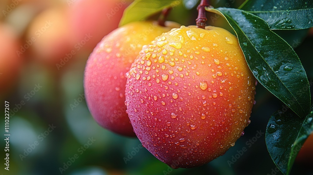 Poster close up of ripe mango fruits with water droplets hanging on a vibrant green tree branch in a tropic