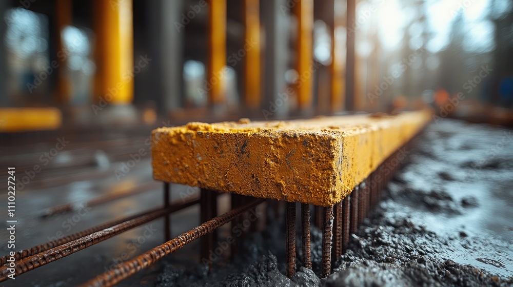 Poster concrete slabs and reinforcement bars on construction site showcasing emerging structure and constru