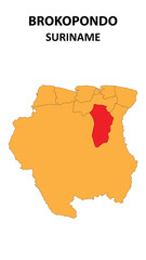 Brokopondo Map is highlighted on the Suriname map with detailed state and region outlines.