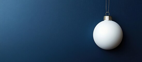 Elegant white Christmas ornament hanging against a deep navy blue background ideal for festive holiday themes and seasonal decoration displays