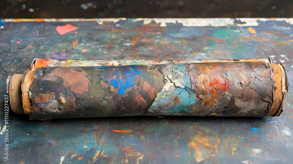 Poster worn paint roll resting on a colorful artist studio table highlighting creativity and artistic proce