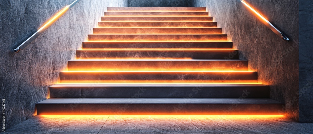 Aufkleber a staircase illuminated with orange lighting, creating a modern and inviting atmosphere.