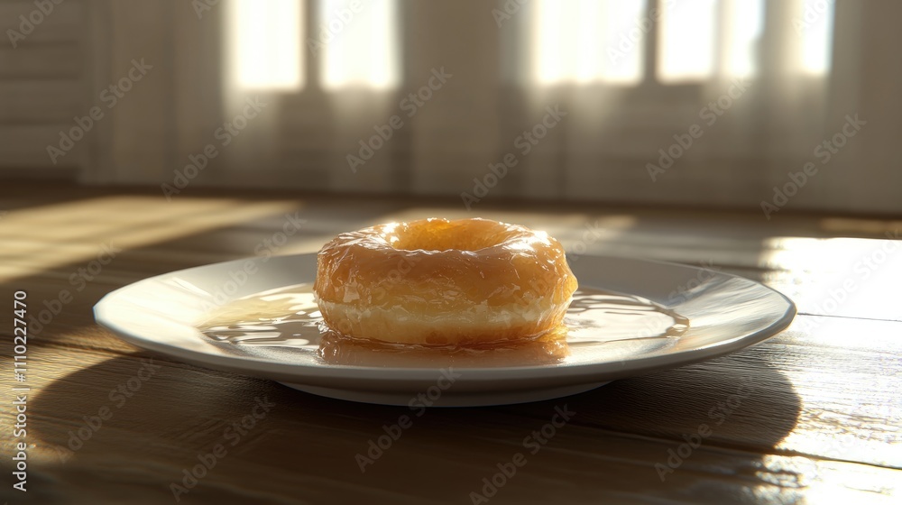 Poster glazed donut on a white plate with syrup in soft natural lighting setting