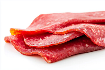 Sliced salami isolated on white background, Selective focus sliced pepperoni on white.