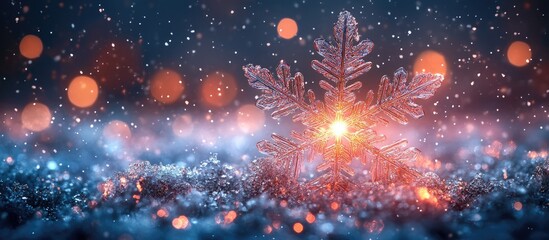 Fototapeta premium Radiant snowflake with glowing center on a sparkling winter backdrop ideal for holiday greetings and festive decorations