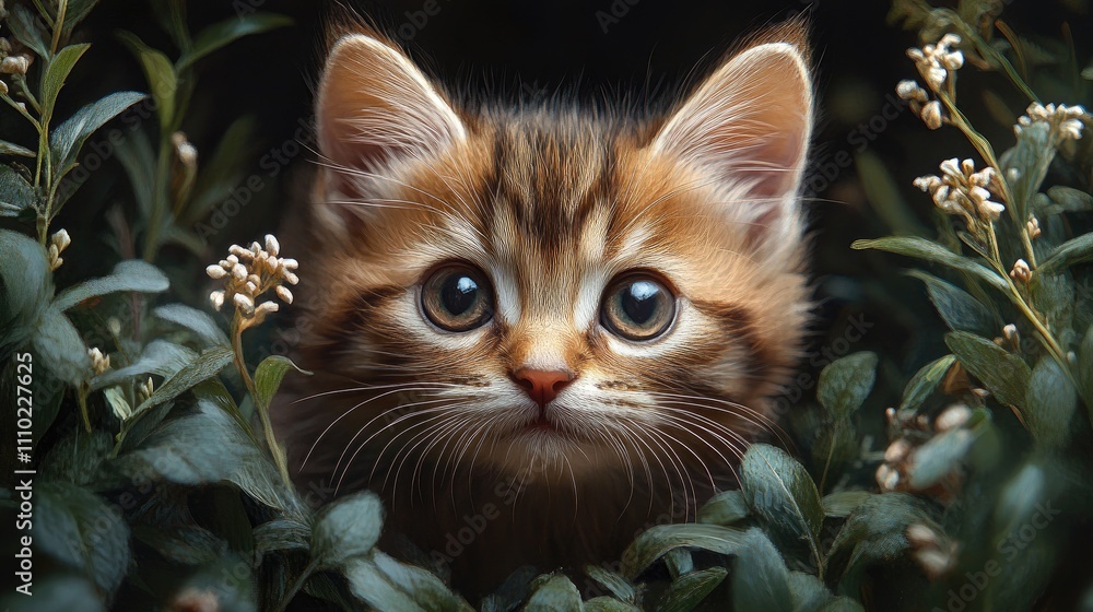 Aufkleber adorable kitten peeking through leaves with captivating large eyes in a serene natural setting. perf