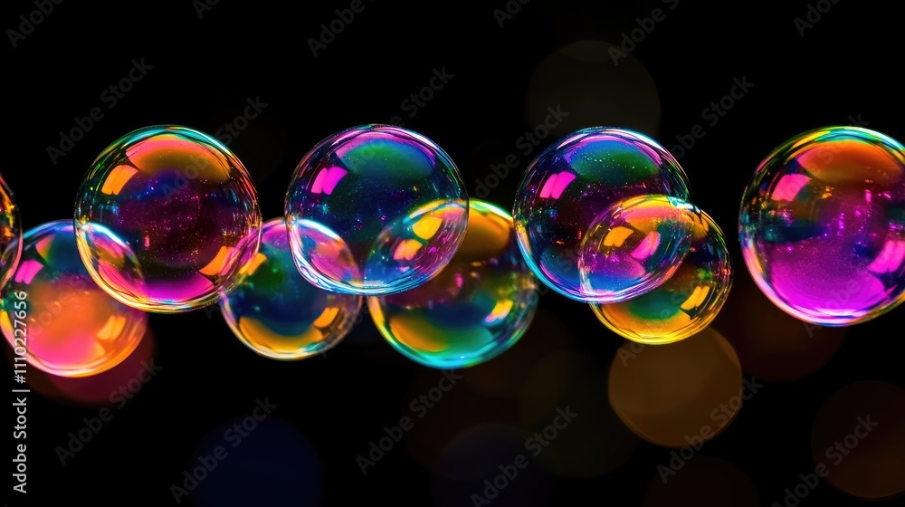 Poster colorful soap bubbles floating gracefully on a reflective surface with a dark background creating a 