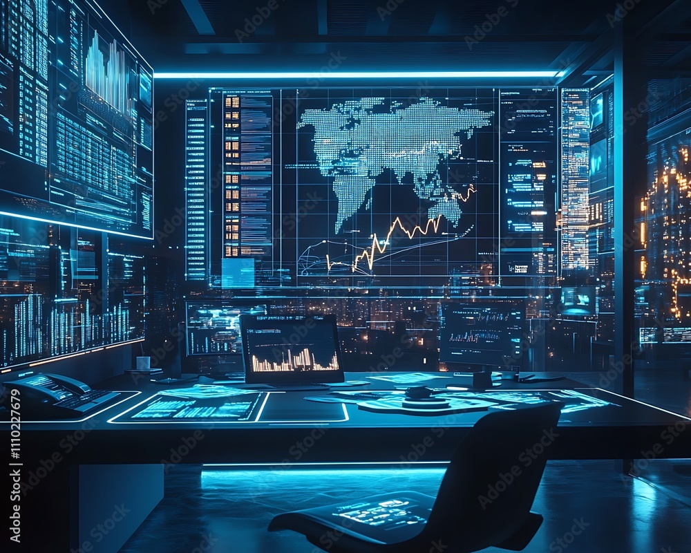 Poster ai powered financial, modern stylish banking environment with high-tech ai analytics and data visual