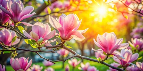Captivating Candid Photography of a Pink Magnolia Tree in Full Bloom Surrounded by Lush Greenery, Perfect for Nature Lovers and Springtime Aesthetics