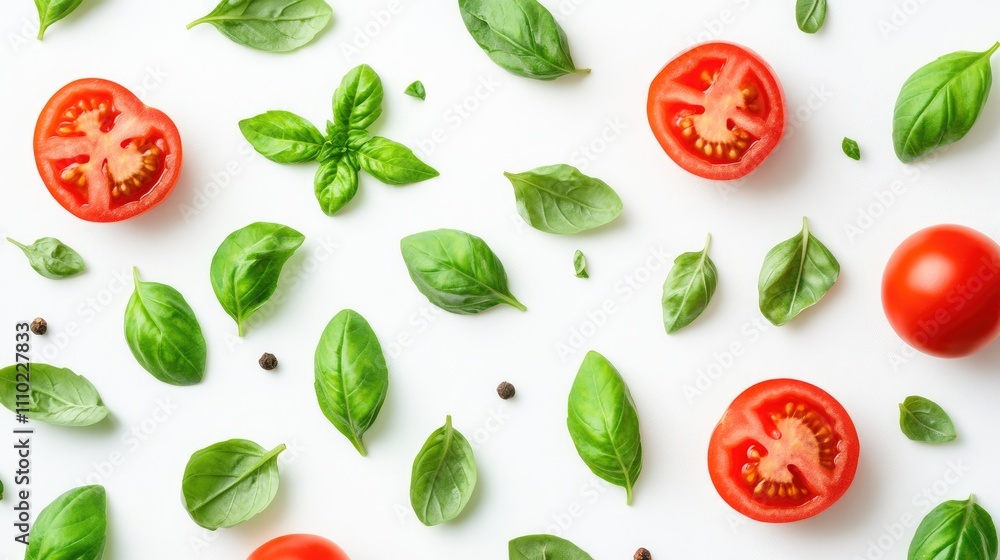 Aufkleber vibrant tomatoes and fresh basil leaves arranged on a white background creating a colorful and appet