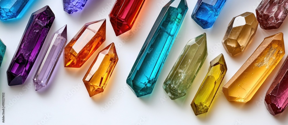Poster colorful strasses arranged on a white background showcasing various shapes and transparency creating