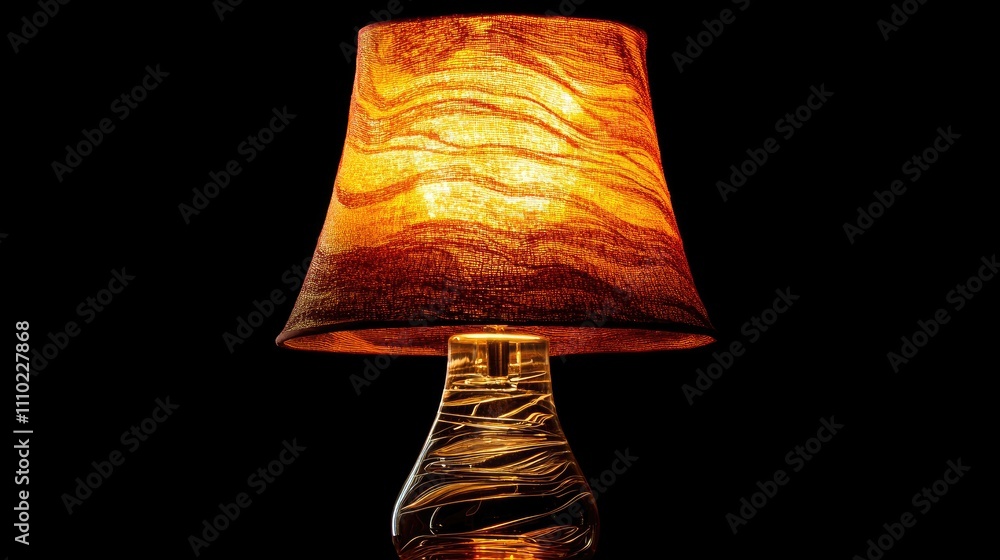 Poster stylish glass lamp with textured shade illuminated against a black background showcasing modern inte